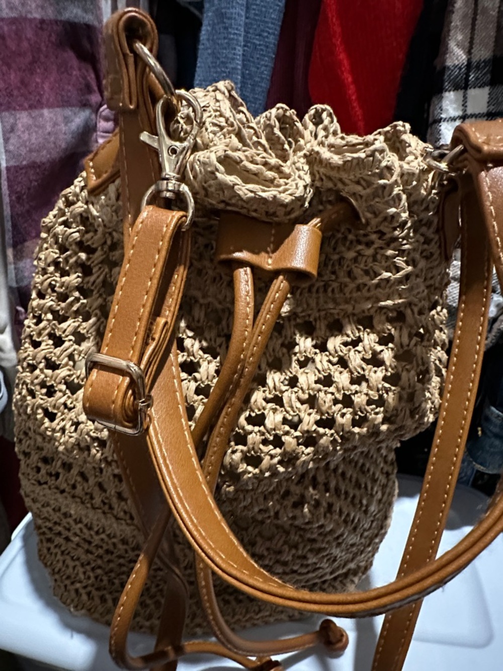 Woven Crochet Drawstring Shoulder Bag in Tan - Picture 3 of 6